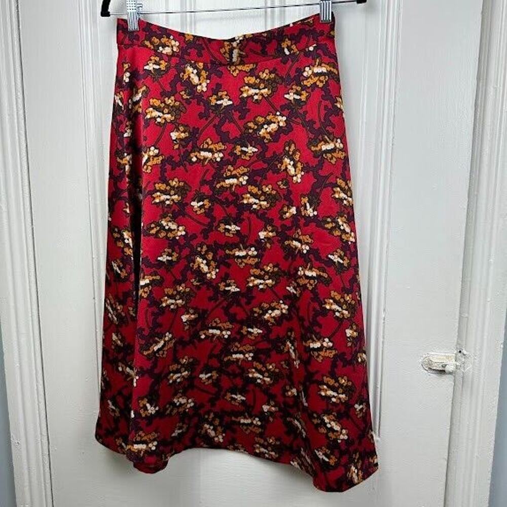 Ann Taylor A-Line Skirt Womens 2 Red Floral Midi Preppy Dressy Modest